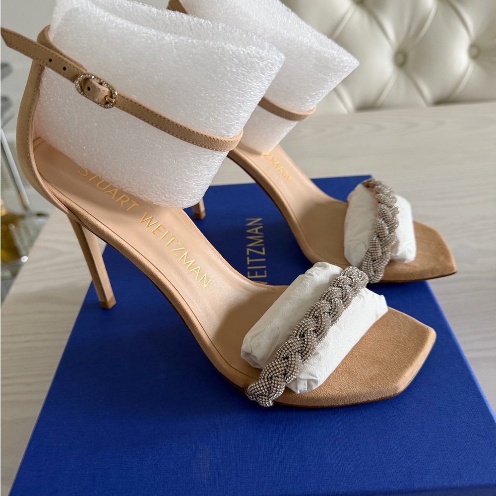Stuart Weitzman Tan Braided-Trim Suede Stiletto Sandals